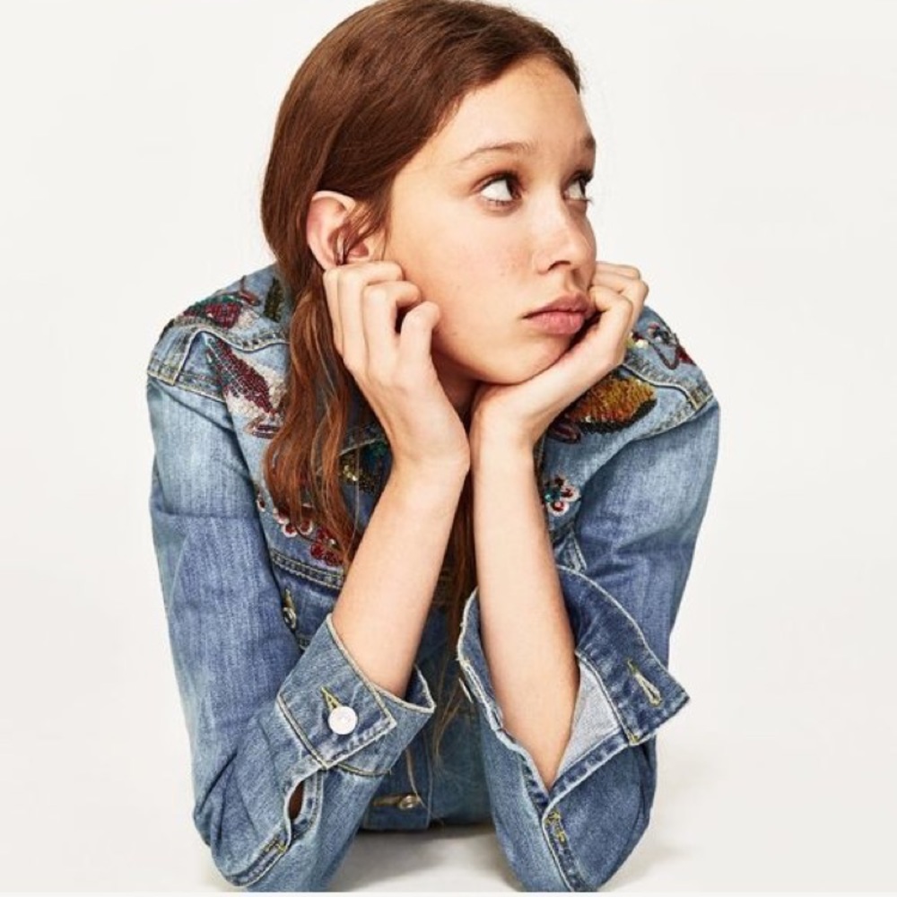 Zara Floral Sequin Cropped Denim Jean Jacket XS - Picture 8 of 8